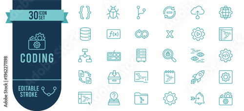 Coding and Software Development Icon Set with 30 Editable Stroke Vector Icons for Programming, Tech and Dev Tools