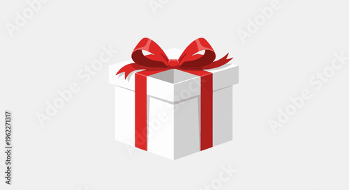 A white gift box with a bright red ribbon tied in a bow