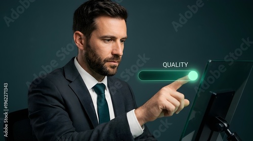 Caucasian Male Engaging Mint Green Slider Button for Quality Adjustment Dark Teal Background Ultra-High Resolution Eye-Level Close-Up in Professional Suit