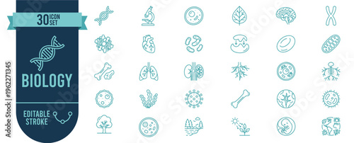 Biology and Science Icon Set with 30 Editable Stroke Vector Icons for DNA, Anatomy and Nature Studies
