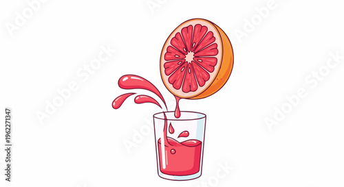 A vibrant grapefruit half drips its juicy pink liquid into a clear glass