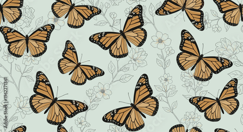 Delicate seamless pattern featuring monarch butterflies fluttering among line art floral sketches on a soft pale green background.