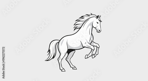 A white horse with a flowing mane rears up, hooves off ground