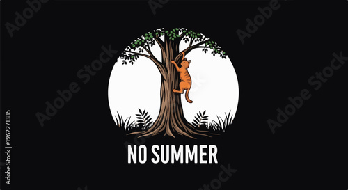 An orange cat climbs a tree against a white circle on a black background