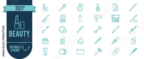 Beauty and Cosmetics Icon Set with 30 Editable Stroke Vector Icons for Makeup, Skincare and Fashion