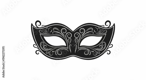 An ornate black masquerade mask with white scrollwork on a white background