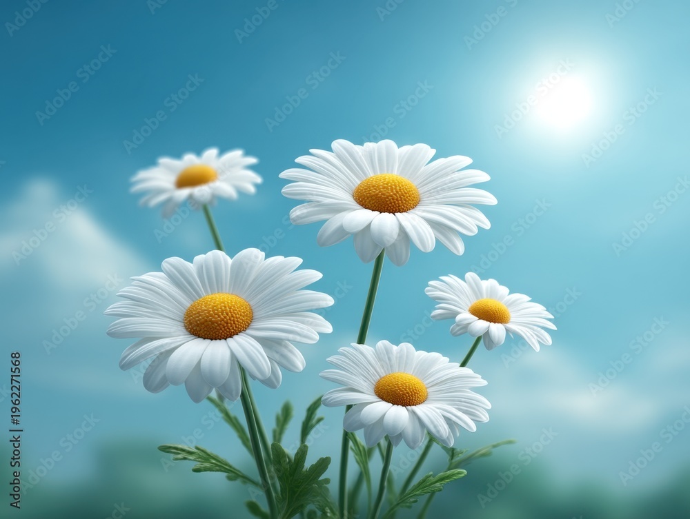 Fototapeta premium Bright and Cheerful White Daisies in Full Bloom Against a Clear Blue Sky with Sunlight Enhancing Their Beauty