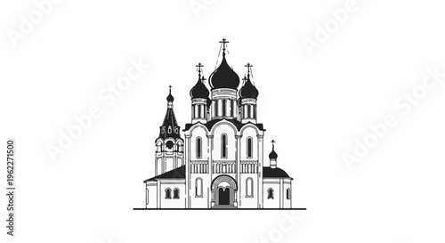 Black and white line drawing of an orthodox church with multiple domes and spires