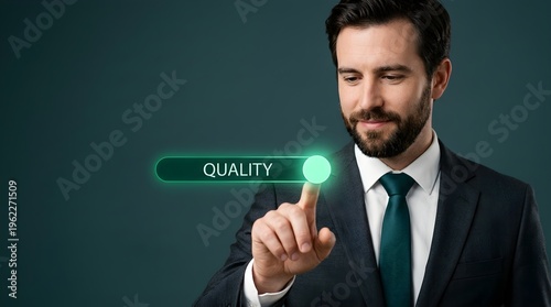 Caucasian Male Adjusting Quality Slider Button Dark Charcoal Suit Studio Background Ultra-High Resolution Close-Up eye-level