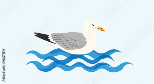 Minimalist illustration of a white and gray seagull floating peacefully on blue sea waves against a light blue background.