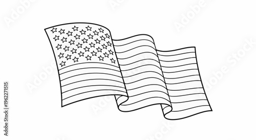 Black and white outline drawing of a waving flag with stars and stripes