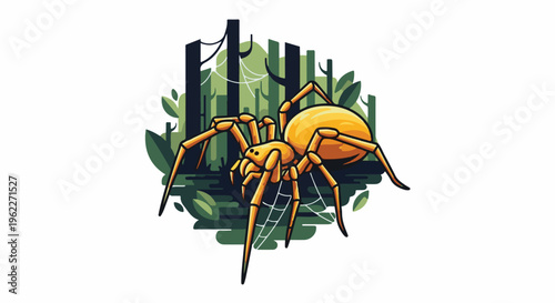 A stylized yellow spider with eight legs sits in a dark green forest setting