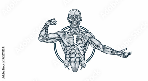 Anatomical illustration of muscular human torso with skeleton