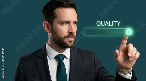 Caucasian Male Adjusting Quality Slider Button Dark Charcoal Suit Mint Green Background Ultra-High Resolution Focused Close-Up Professional Studio Shot eye-level