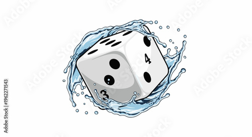A white six-sided die with black pips, partially submerged in splashing water