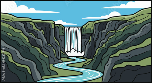 A vibrant illustration captures a powerful waterfall cascading into a winding river