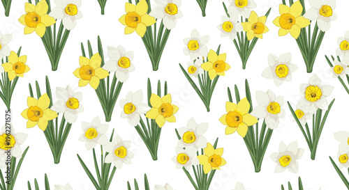 Cheerful seamless pattern featuring clusters of white and yellow narcissus flowers on a clean white background for spring.