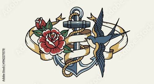 Anchor with a rose, banner, and swallow in classic tattoo style