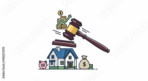 Auction gavel striking house near piggy bank, money bag, and stock chart