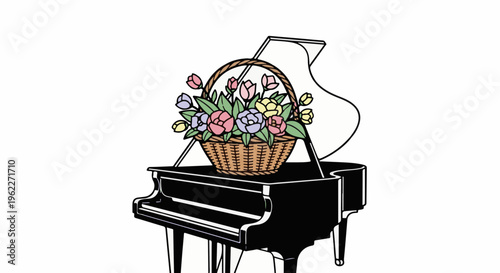 A wicker basket brimming with colorful flowers rests on a grand piano