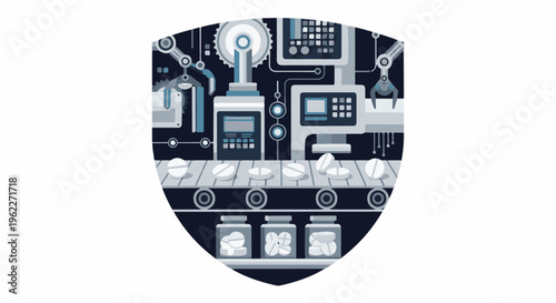 Automated pill production line with robotic arms and packaging