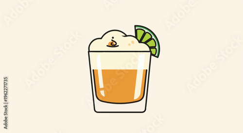 A stylized shot glass with orange liquid, foamy top, and lime wedge