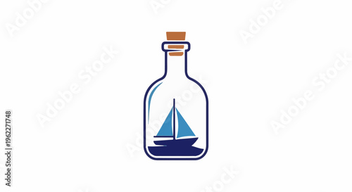 A stylized sailboat is trapped inside a clear glass bottle with a cork