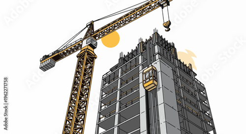 A tall crane towers over a building under construction, with an external elevator