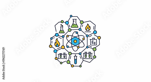 A stylized scientific diagram showing an atomic structure surrounded by chemical laboratory equipment and elements