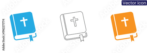 Vector icons of a Bible book with a cross on the cover in blue, black, and orange colors, on a white background, for religious or educational use