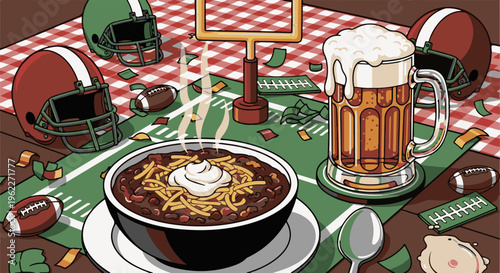 A table setting features football gear, chili, and a beer