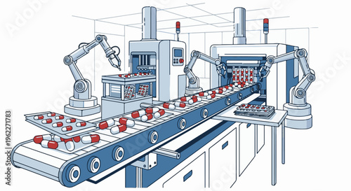 Automated production line with robotic arms packaging red and white capsules