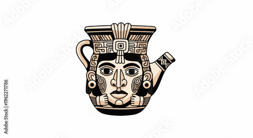 Ancient face-shaped vessel with ornate headdress, featuring detailed patterns