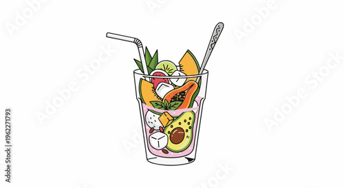 A tall glass filled with colorful tropical fruits and ice