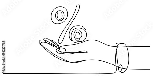 Continuous line drawing of a human hand holding a percentage symbol on a white background Vector, illustration