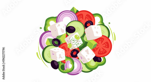 A vibrant mix of chopped vegetables and cheese, artfully arranged