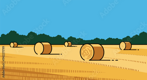 A stylized rural landscape featuring round hay bales on a golden field