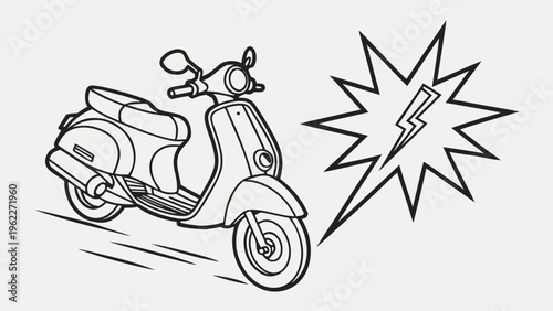 "A professional, high-resolution minimalist vector icon depicting a frontal view of a scooter or moped in a collision, isolated on a light grey background. The design features a black line-art illustr