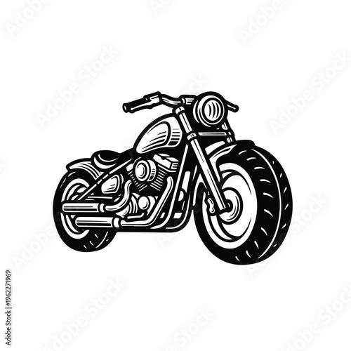 A detailed black and white illustration of a moto bobber motorcycle with a sleek design and large front tire on a clean white background