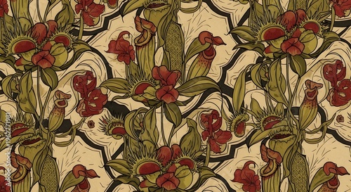 Vintage Art Nouveau seamless pattern with carnivorous plants and exotic flowers