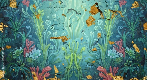 Surreal underwater fantasy background with coral flora and gold leaf texture