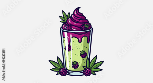 A vibrant smoothie topped with swirls of berry sauce and fresh fruit