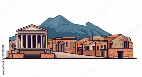 Ancient ruins with columns and archways against a blue mountain backdrop