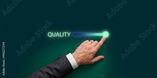 Close-Up Caucasian Male Adjusting Quality Slider Button Deep Emerald Green Background High-Resolution Professional Image eye-level suit