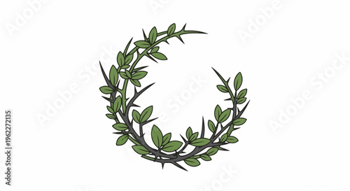 A thorny, green vine forms a crescent shape with leaves
