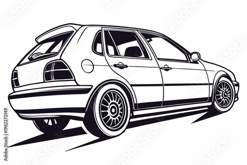 "A professional, high-resolution minimalist vector silhouette of a modern compact car, isolated on a solid white background. The design features a clean, solid black fill representing a stylized hatch