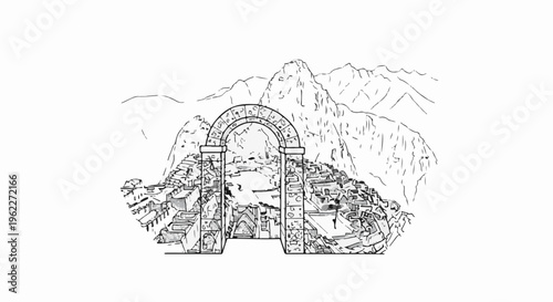 Ancient stone archway entrance to mountain ruins, ink sketch