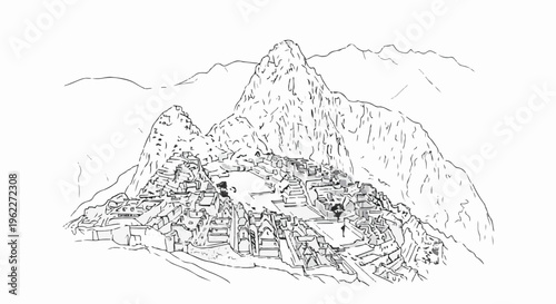 Ancient stone city nestled amongst majestic mountain peaks, a captivating historical vista