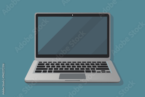 "A professional, high-resolution flat vector illustration of a modern laptop computer, presented from a front-facing perspective with the screen open. The design features a sleek grey chassis, a dark 