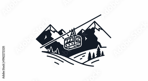 A stylized mountain scene with a cable car traversing snow-covered peaks